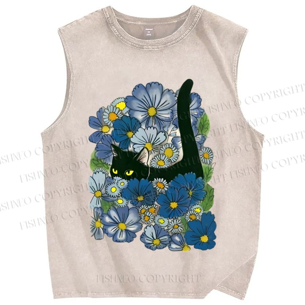 Unisex Black Cat Hiding in Cornflowers Printed Washed Tank Top