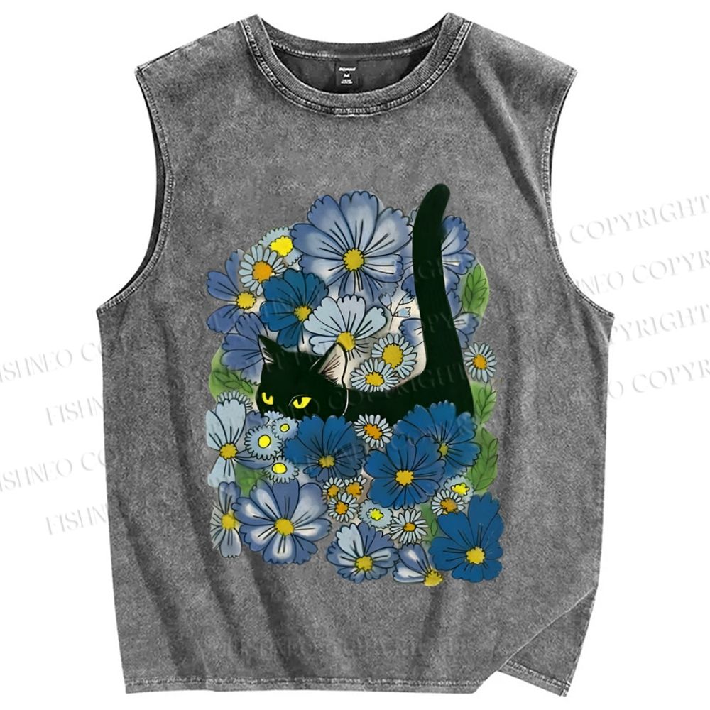 Unisex Black Cat Hiding in Cornflowers Printed Washed Tank Top