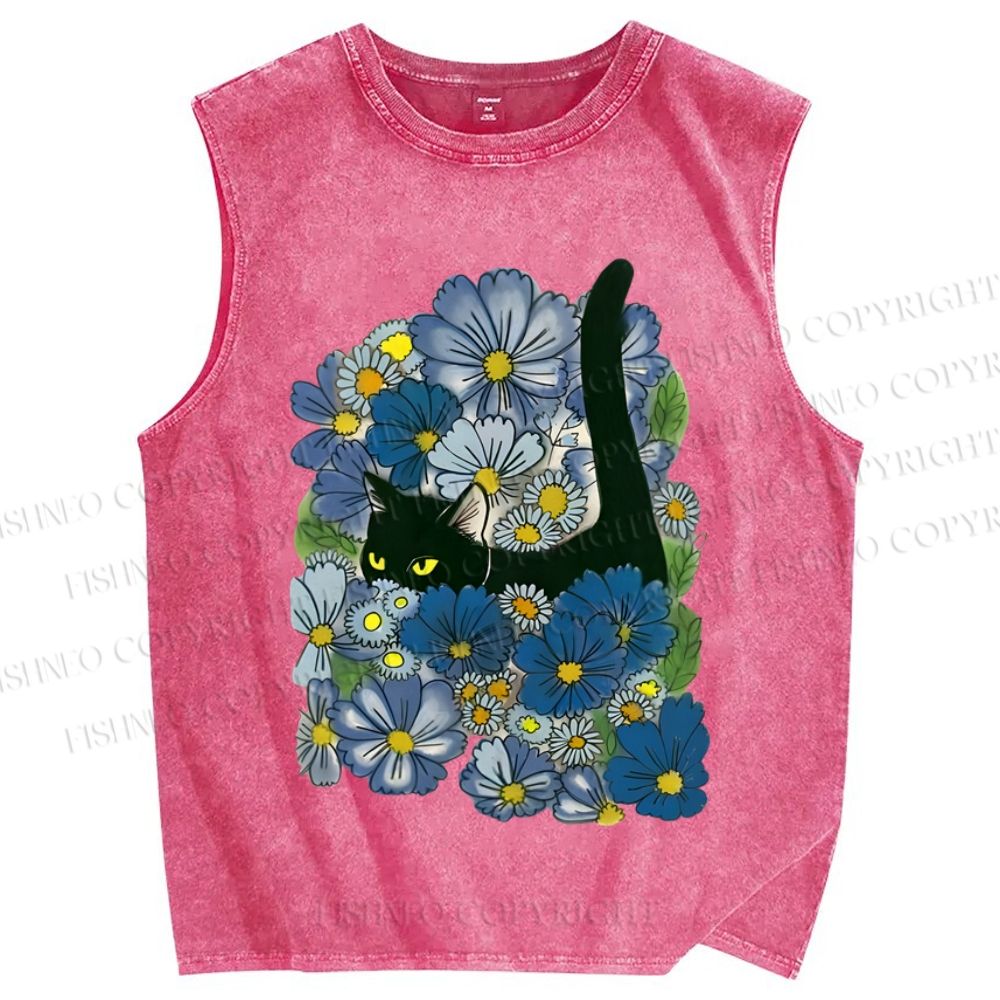 Unisex Black Cat Hiding in Cornflowers Printed Washed Tank Top