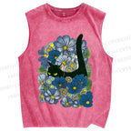 Unisex Black Cat Hiding in Cornflowers Printed Washed Tank Top