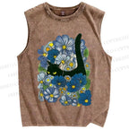 Unisex Black Cat Hiding in Cornflowers Printed Washed Tank Top