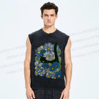 Unisex Black Cat Hiding in Cornflowers Printed Washed Tank Top