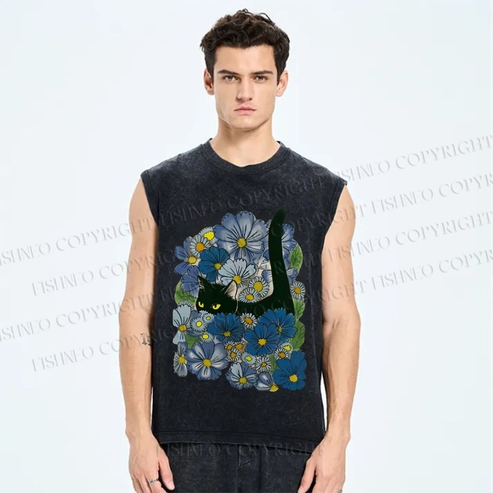 Unisex Black Cat Hiding in Cornflowers Printed Washed Tank Top