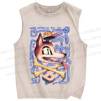 Unisex Street Style Wolf Printed Washed Tank Top
