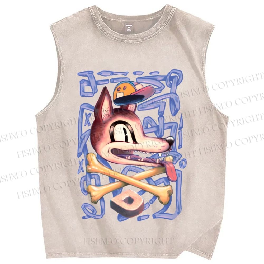Unisex Street Style Wolf Printed Washed Tank Top