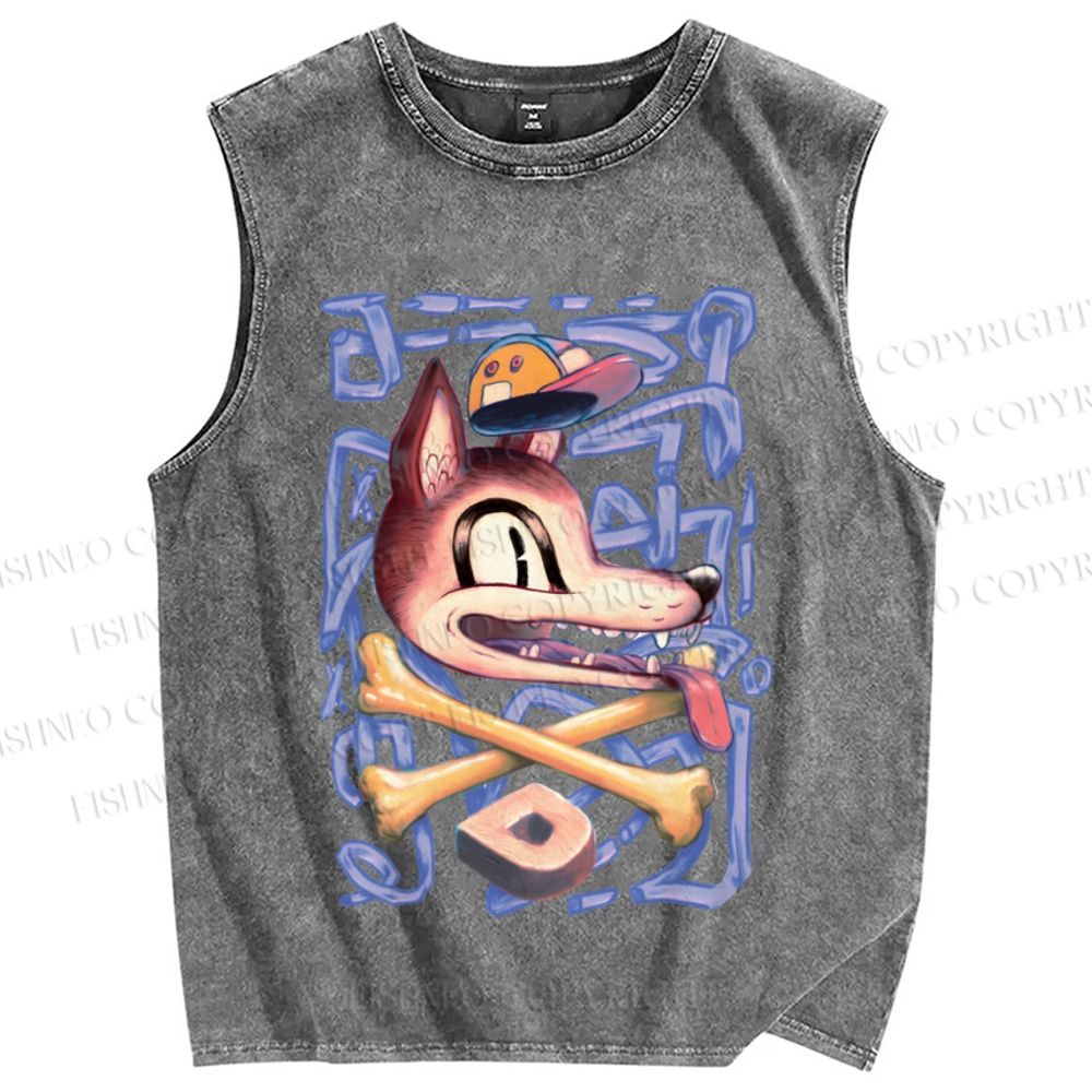 Unisex Street Style Wolf Printed Washed Tank Top