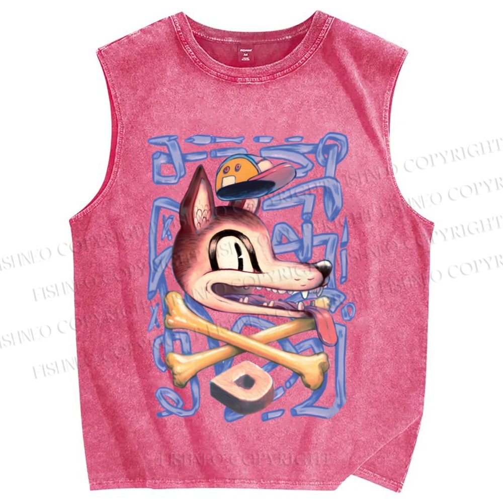 Unisex Street Style Wolf Printed Washed Tank Top