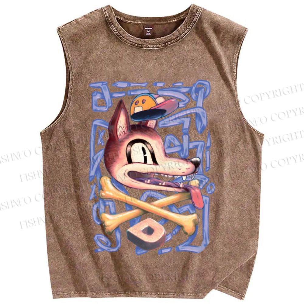 Unisex Street Style Wolf Printed Washed Tank Top