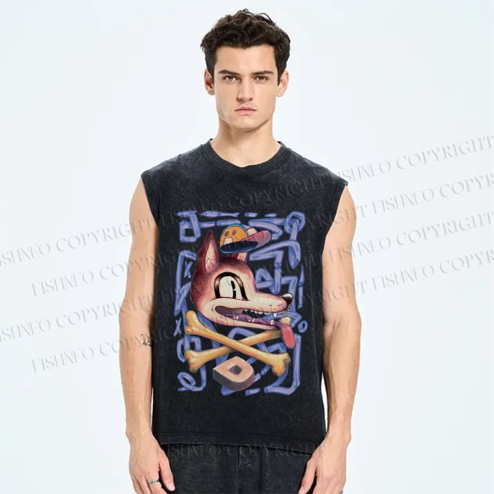 Unisex Street Style Wolf Printed Washed Tank Top