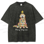 Unisex Christmas Tree Dog Printed Washed Tee