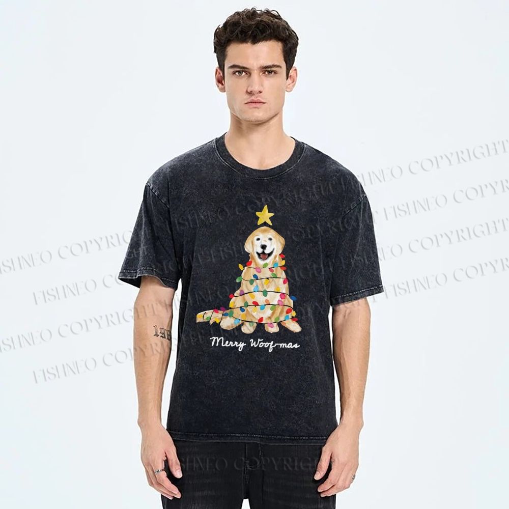 Unisex Christmas Tree Dog Printed Washed Tee