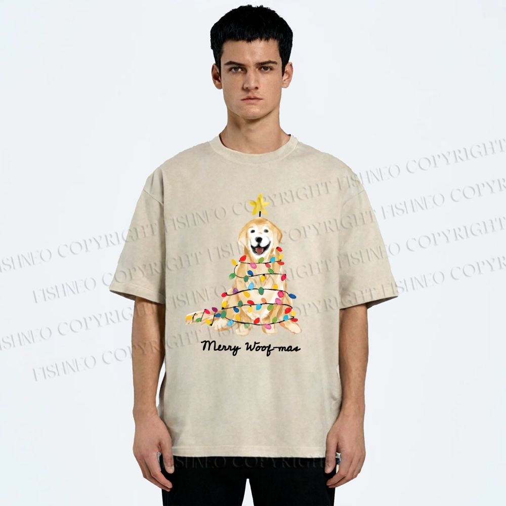 Unisex Christmas Tree Dog Printed Washed Tee