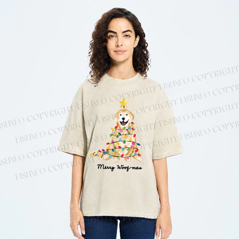 Unisex Christmas Tree Dog Printed Washed Tee