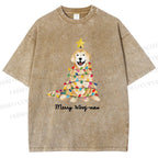 Unisex Christmas Tree Dog Printed Washed Tee