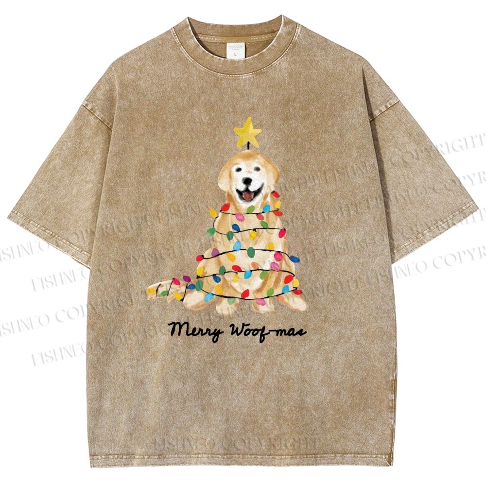 Unisex Christmas Tree Dog Printed Washed Tee