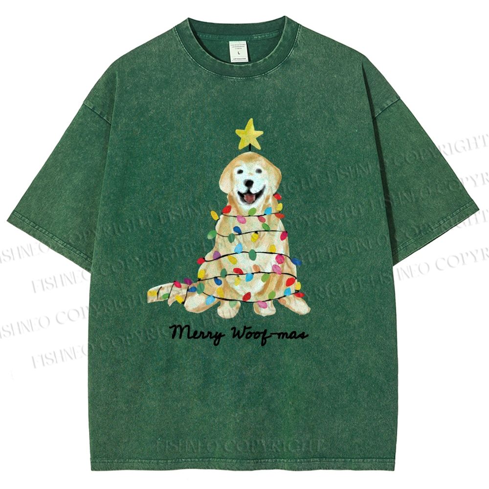 Unisex Christmas Tree Dog Printed Washed Tee
