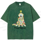 Unisex Christmas Tree Dog Printed Washed Tee
