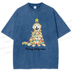 Unisex Christmas Tree Dog Printed Washed Tee