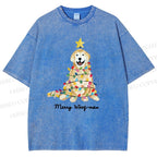 Unisex Christmas Tree Dog Printed Washed Tee