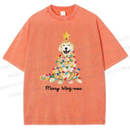Unisex Christmas Tree Dog Printed Washed Tee