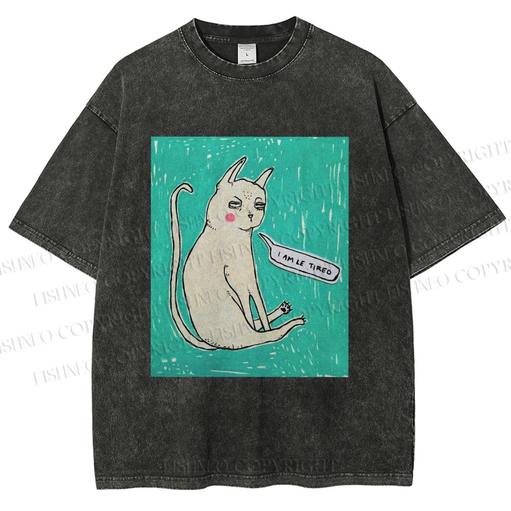 Unisex I Am Le Tired Cat Printed Washed Tee