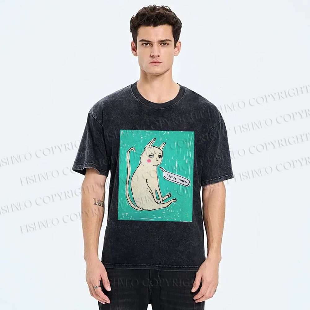 Unisex I Am Le Tired Cat Printed Washed Tee