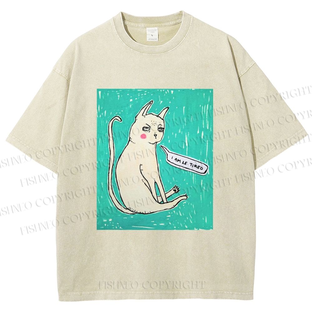 Unisex I Am Le Tired Cat Printed Washed Tee
