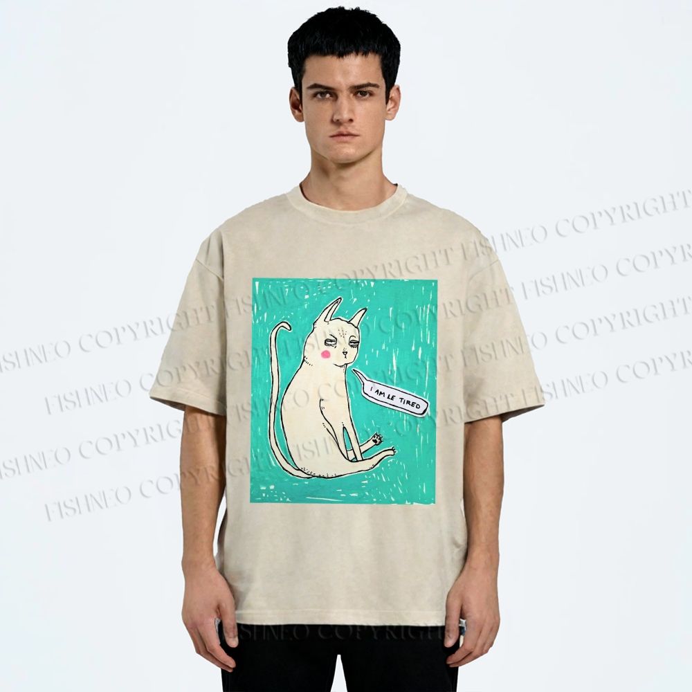 Unisex I Am Le Tired Cat Printed Washed Tee