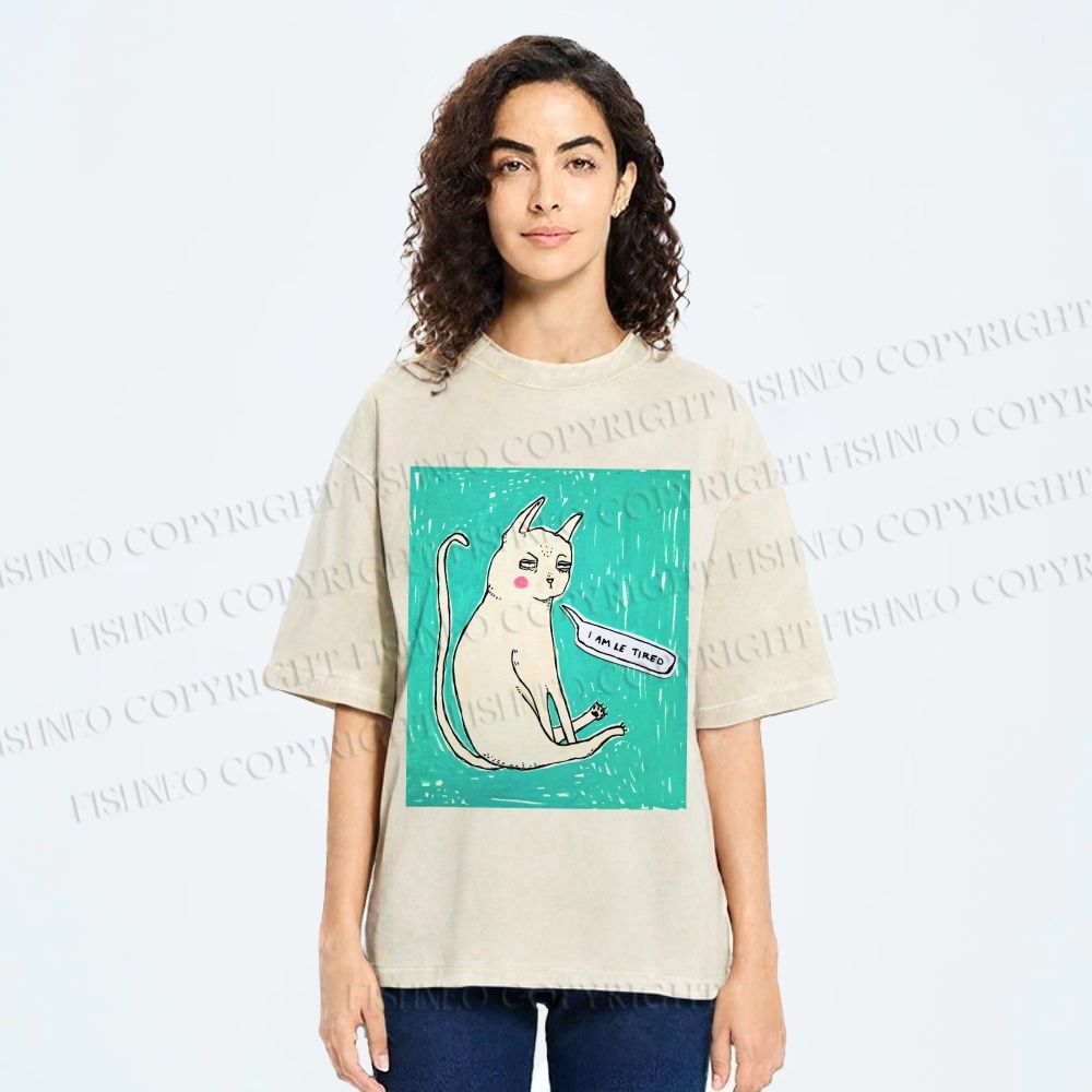 Unisex I Am Le Tired Cat Printed Washed Tee