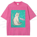Unisex I Am Le Tired Cat Printed Washed Tee
