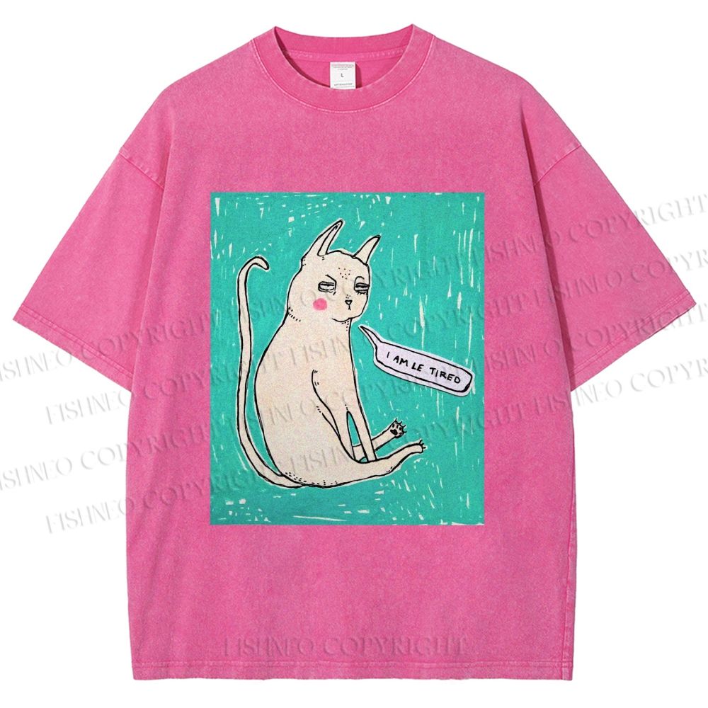 Unisex I Am Le Tired Cat Printed Washed Tee