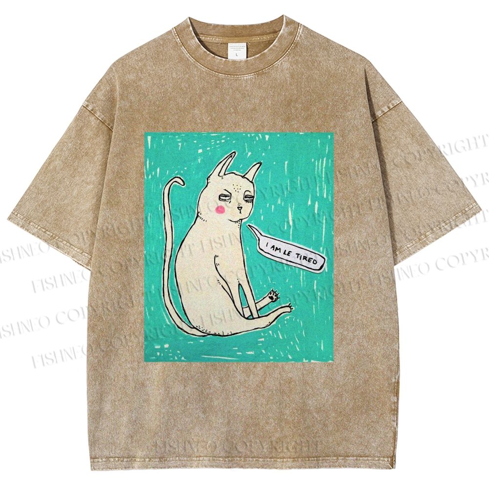 Unisex I Am Le Tired Cat Printed Washed Tee