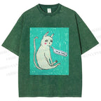 Unisex I Am Le Tired Cat Printed Washed Tee