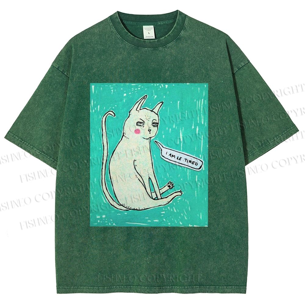 Unisex I Am Le Tired Cat Printed Washed Tee