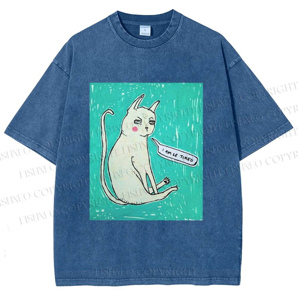 Unisex I Am Le Tired Cat Printed Washed Tee