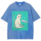 Unisex I Am Le Tired Cat Printed Washed Tee