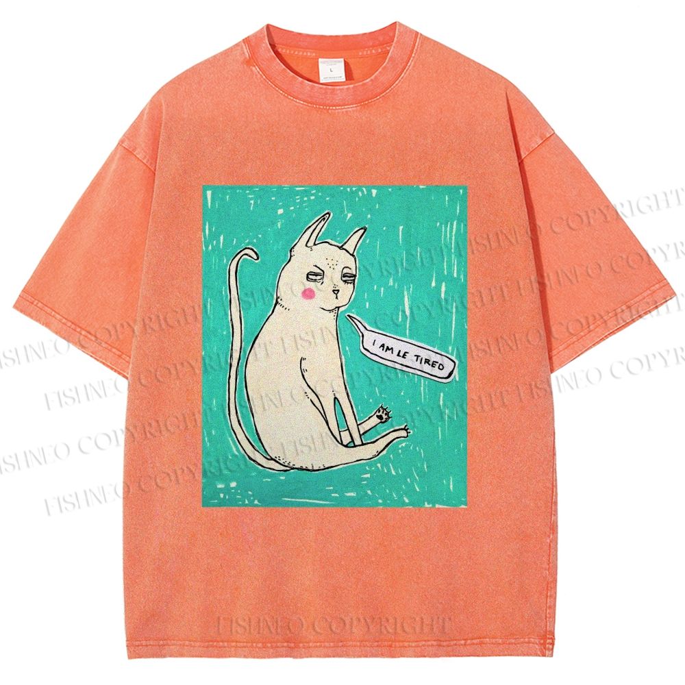 Unisex I Am Le Tired Cat Printed Washed Tee