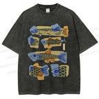 Unisex Viintage Fish Printed Washed Tee