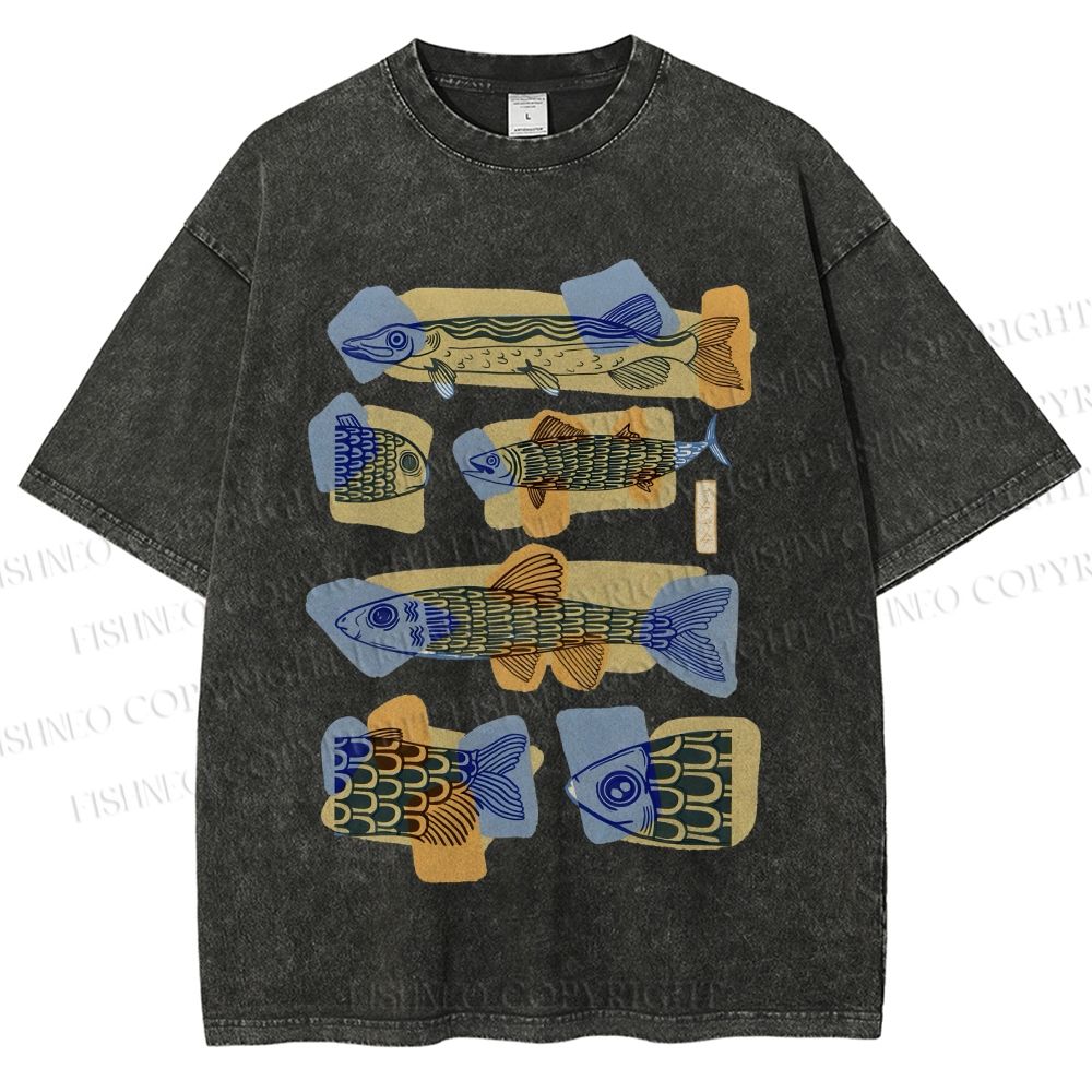 Unisex Viintage Fish Printed Washed Tee