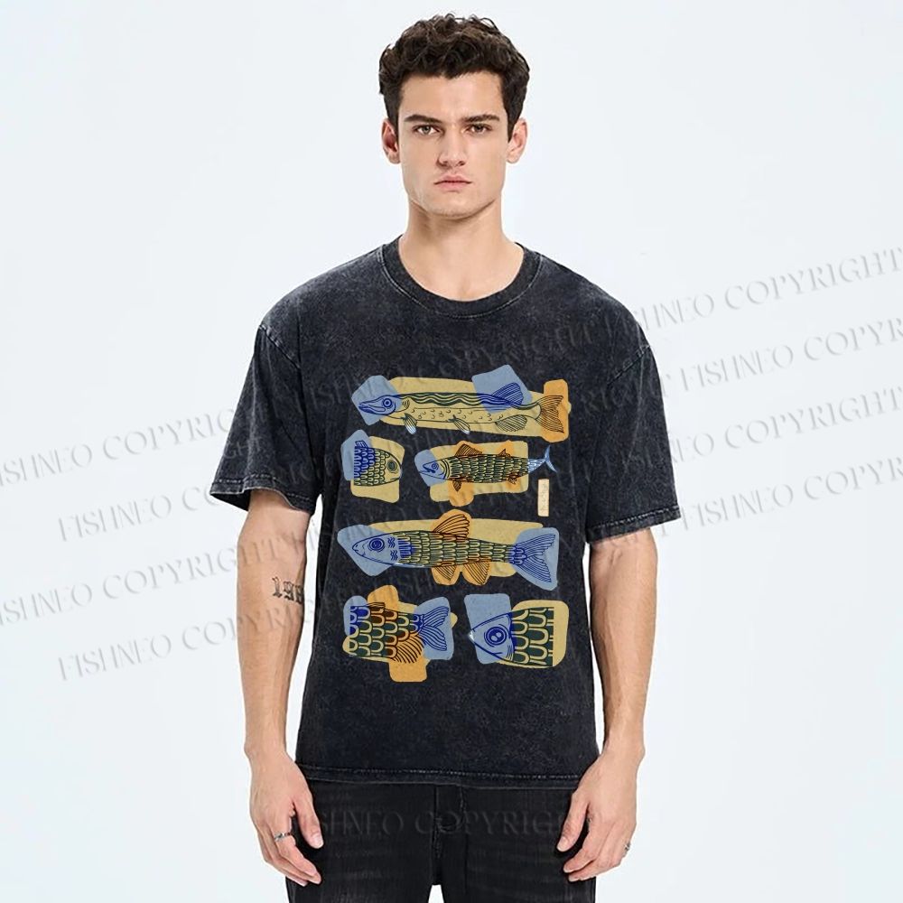 Unisex Viintage Fish Printed Washed Tee