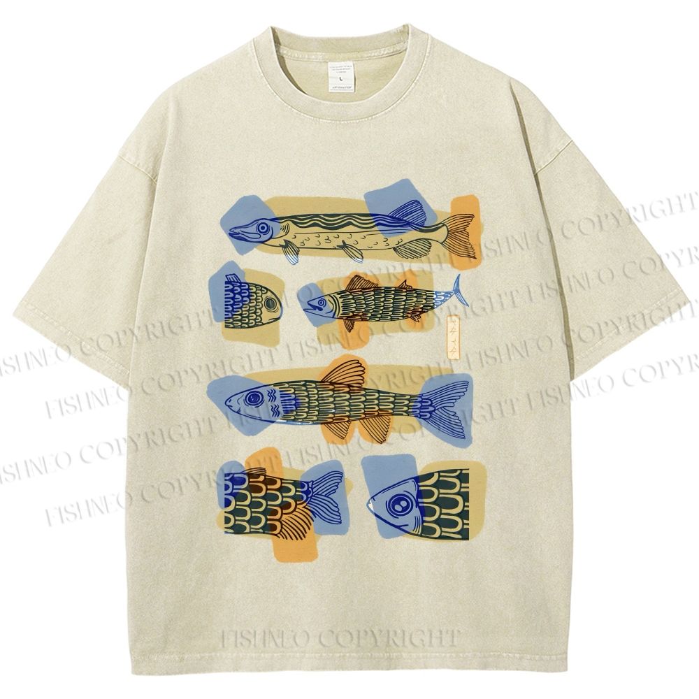 Unisex Viintage Fish Printed Washed Tee