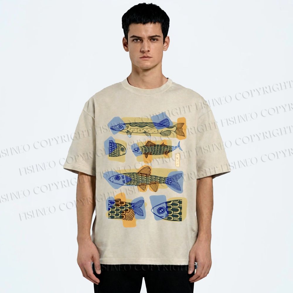 Unisex Viintage Fish Printed Washed Tee