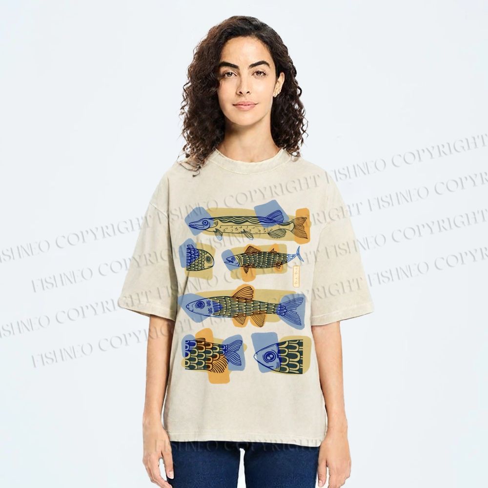 Unisex Viintage Fish Printed Washed Tee