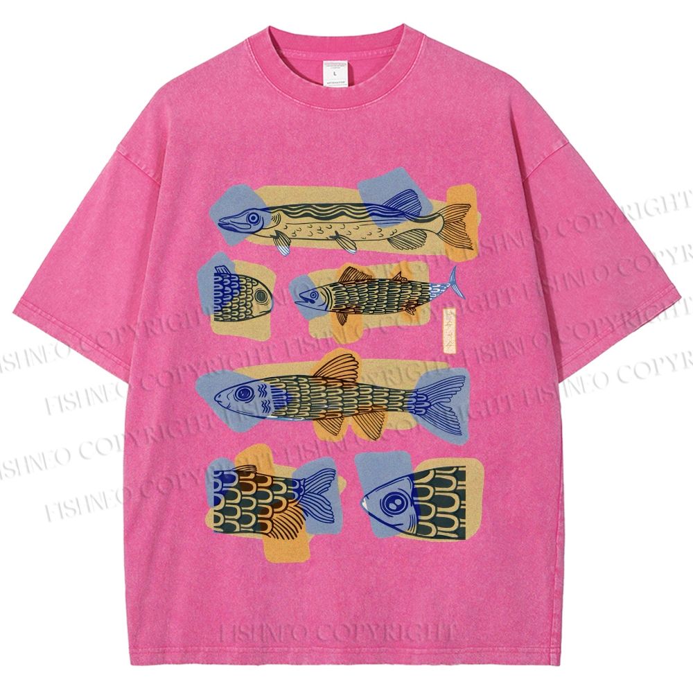 Unisex Viintage Fish Printed Washed Tee