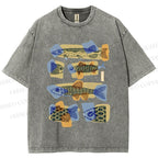 Unisex Viintage Fish Printed Washed Tee
