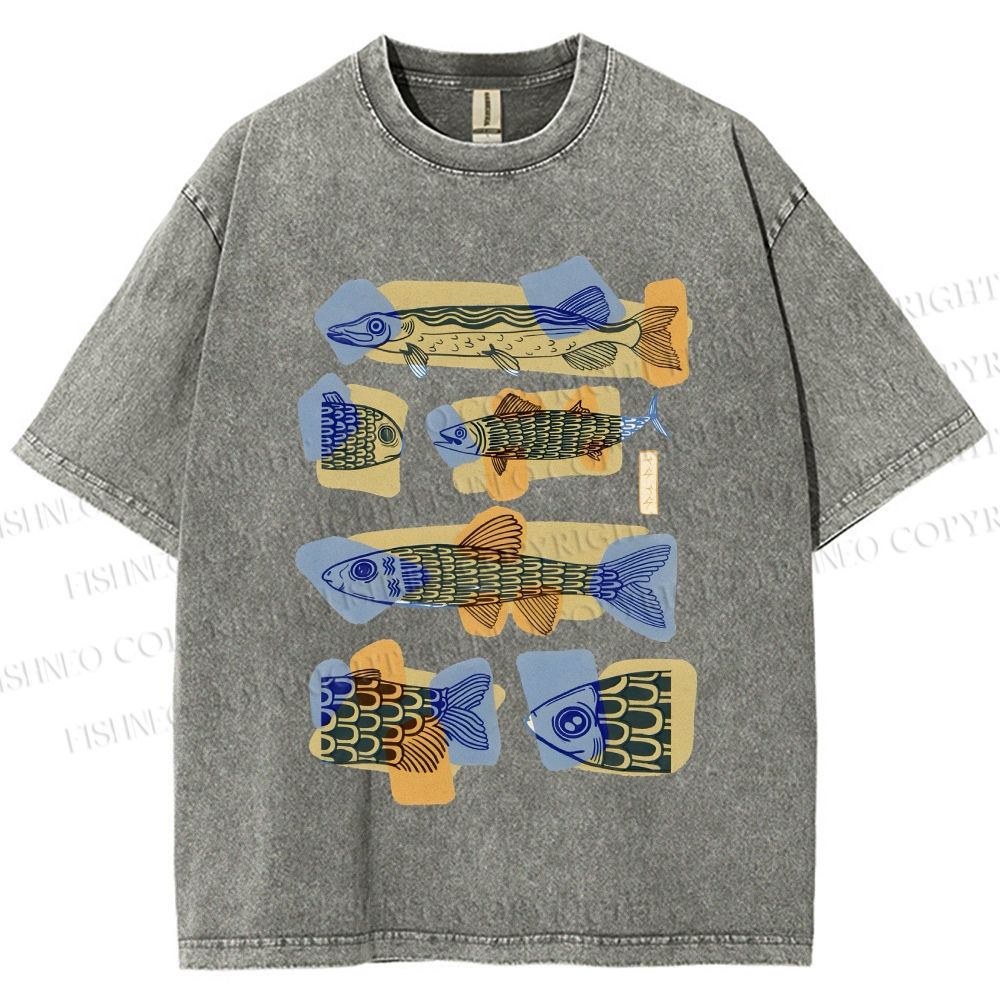 Unisex Viintage Fish Printed Washed Tee