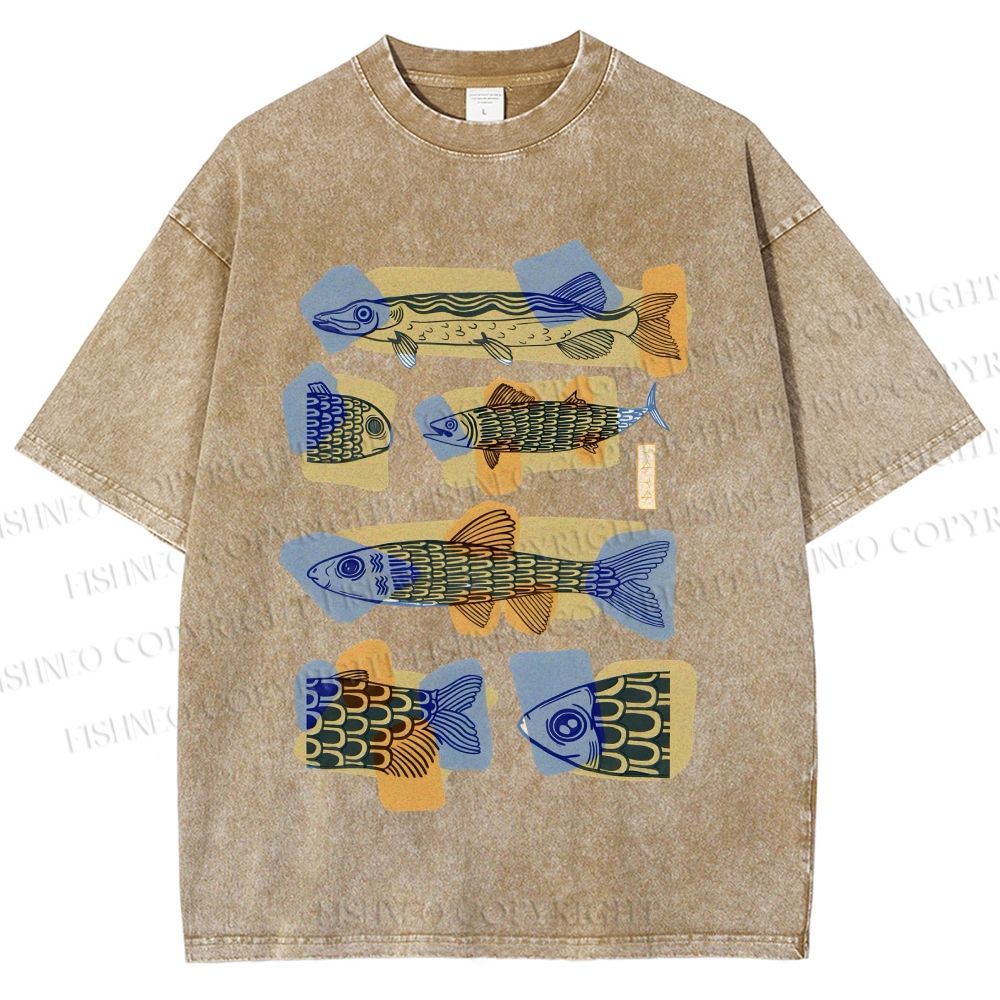 Unisex Viintage Fish Printed Washed Tee