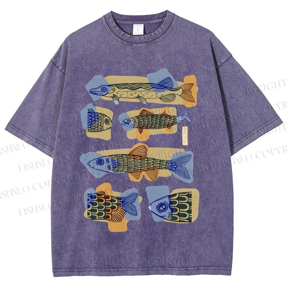Unisex Viintage Fish Printed Washed Tee