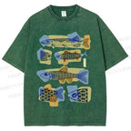Unisex Viintage Fish Printed Washed Tee