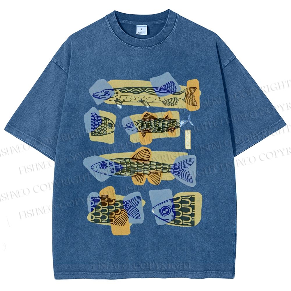 Unisex Viintage Fish Printed Washed Tee